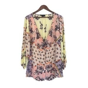Sanctuary Women 3X Floral Patchwork Button Front V-Neck Blouse Multicolor Boho